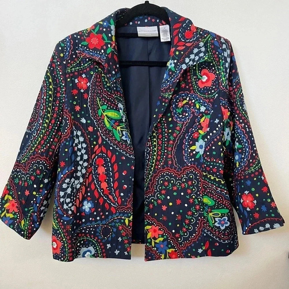 Alfred Dunner 8P Blazer Open Front Pleated 3/4 Sleeve Jacket Floral Colorful MOB - Picture 1 of 9